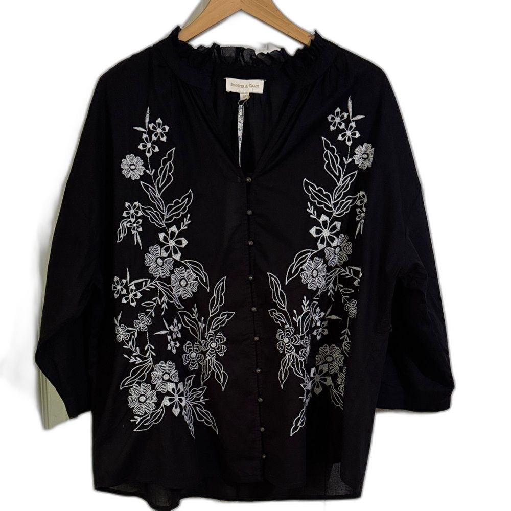 NWT Jennifer & Grace Floral Embroidered Top Cotton 3/4 Sleeve Size 3X Country